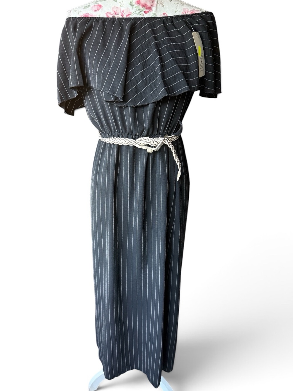 NWT 🇮🇹MADE IN ITALY Off-Shoulder Black Pinstripe Maxi Dress with Braided Belt